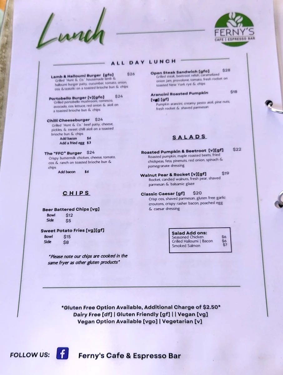 Menu, FERNY'S Cafe & Espresso Bar