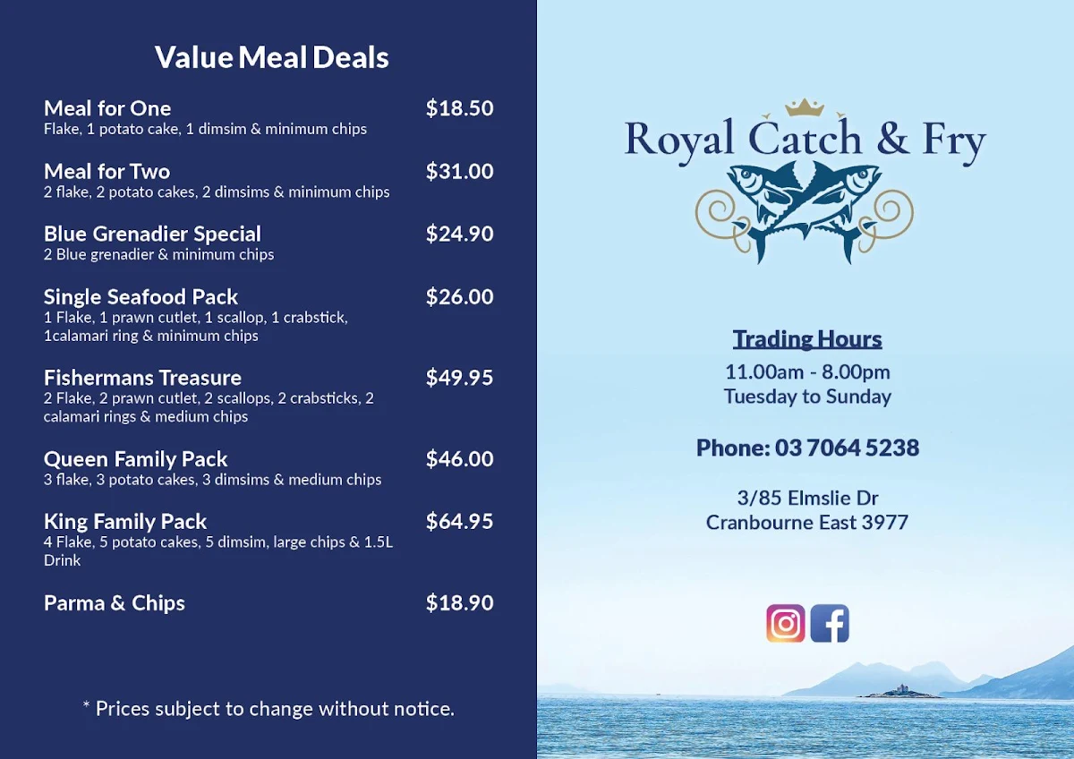 Menu, Royal Catch and fry