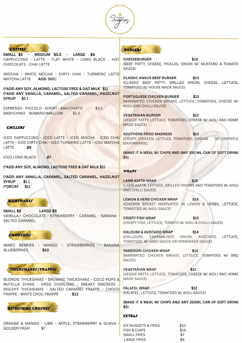 Menu, Three Sugars Cafe Penrith