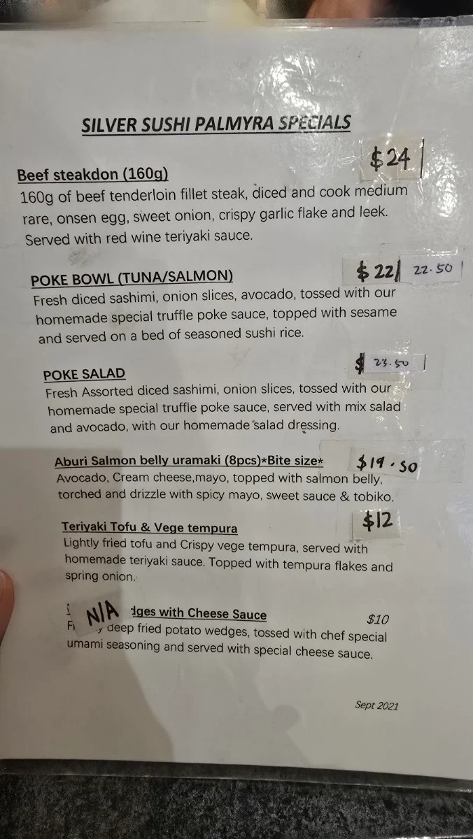 Menu, Silver Sushi