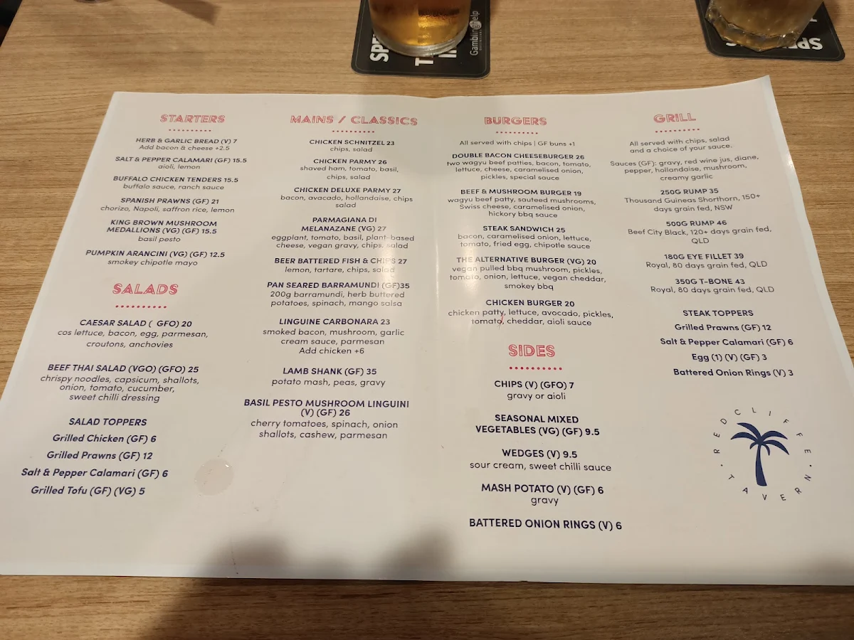 Menu, Redcliffe Tavern