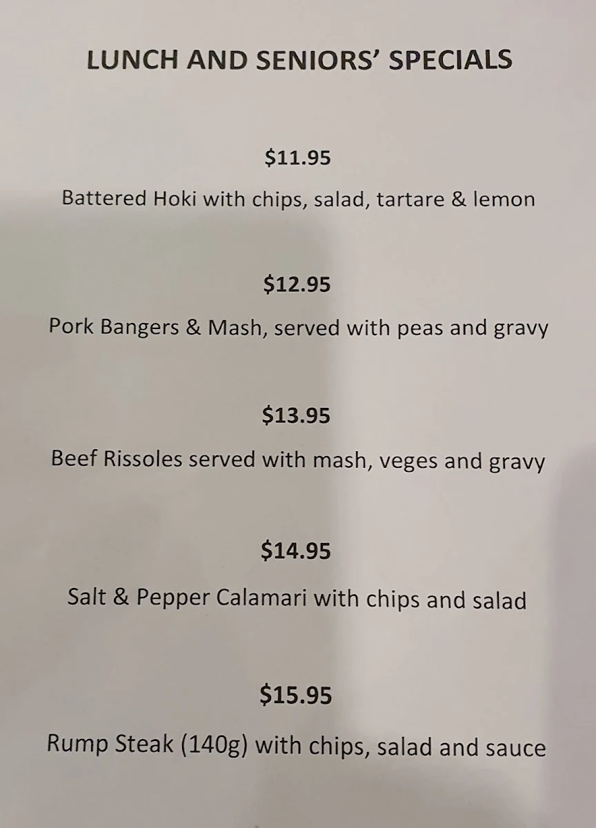 Menu, Redcliffe Tavern