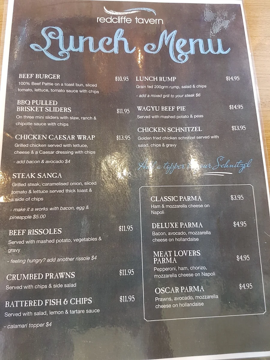 Menu, Redcliffe Tavern