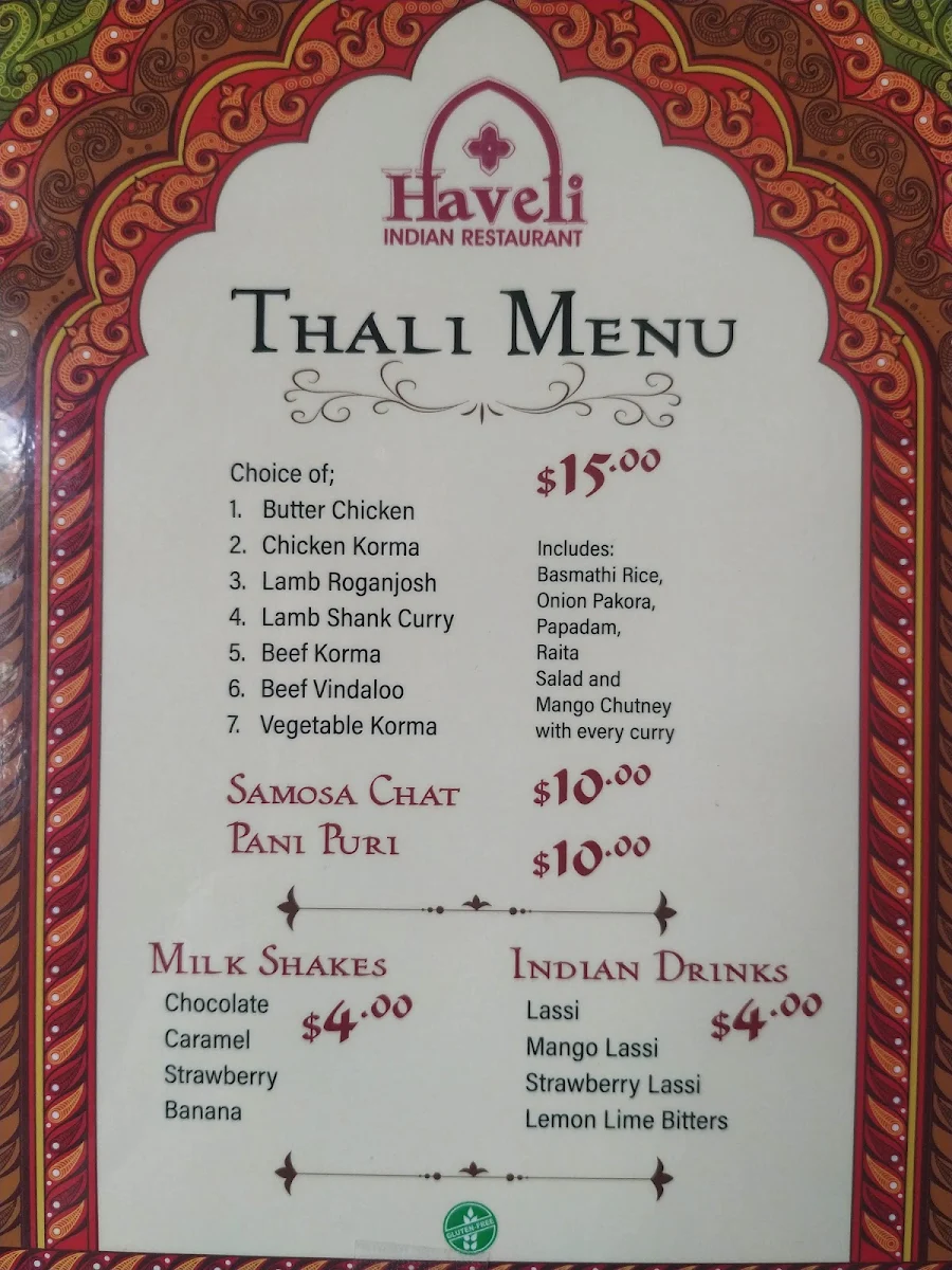 Menu, Haveli Indian Restaurant - Victoria Point