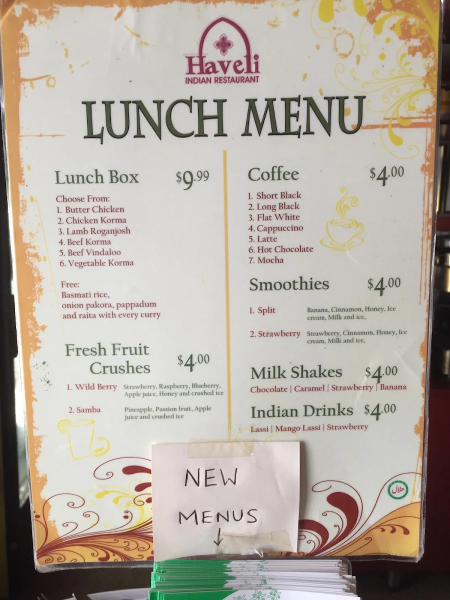 Menu, Haveli Indian Restaurant - Victoria Point