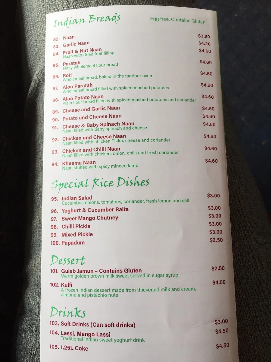 Menu, Haveli Indian Restaurant - Victoria Point