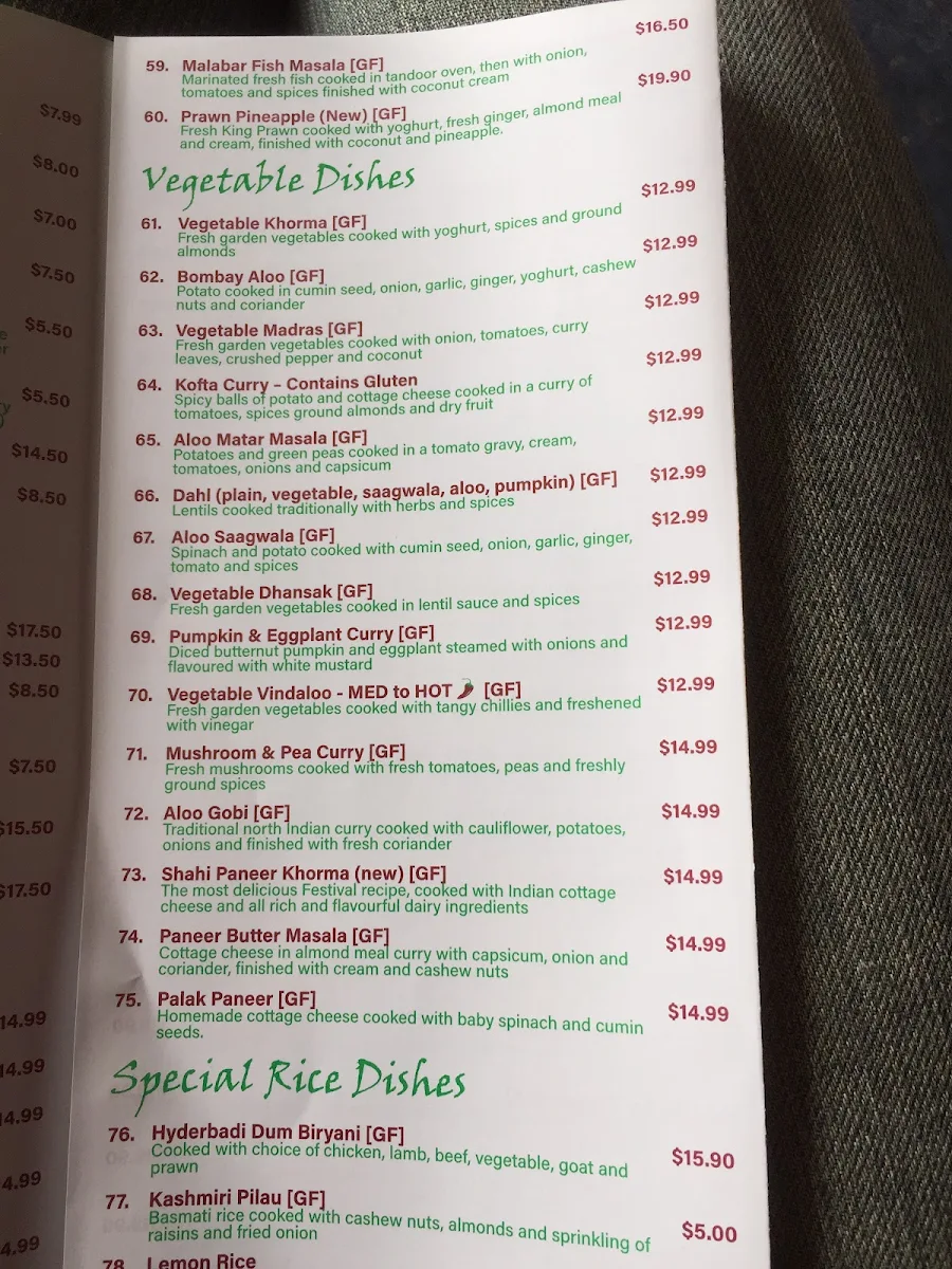 Menu, Haveli Indian Restaurant - Victoria Point