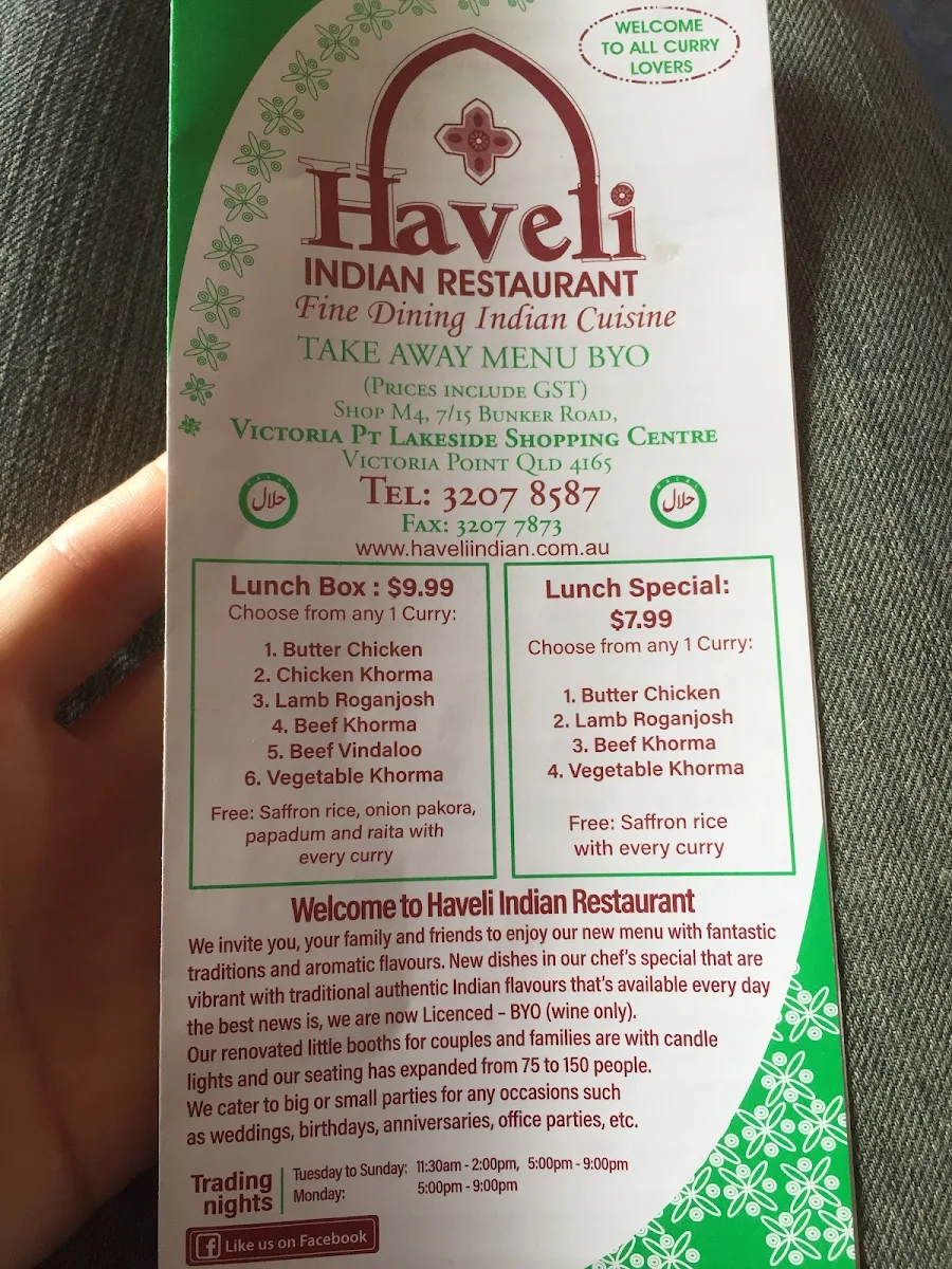 Menu, Haveli Indian Restaurant - Victoria Point