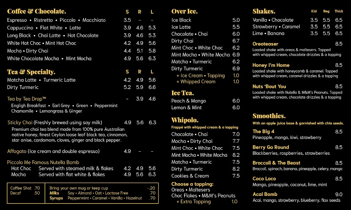 Menu, Piccolo Me ICW Wollongong