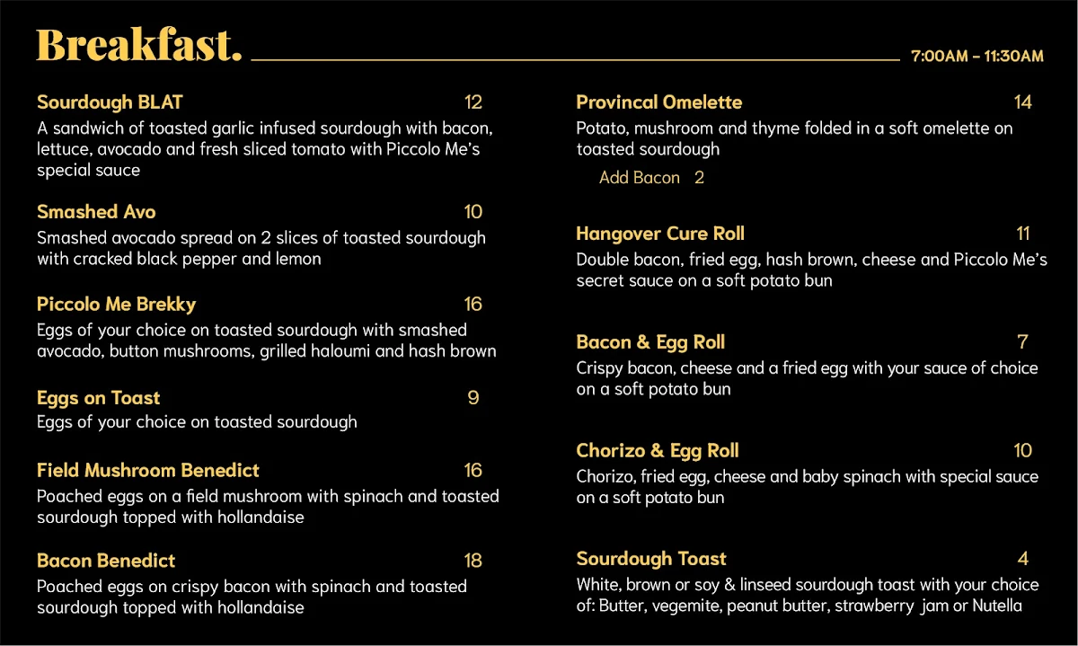Menu, Piccolo Me ICW Wollongong