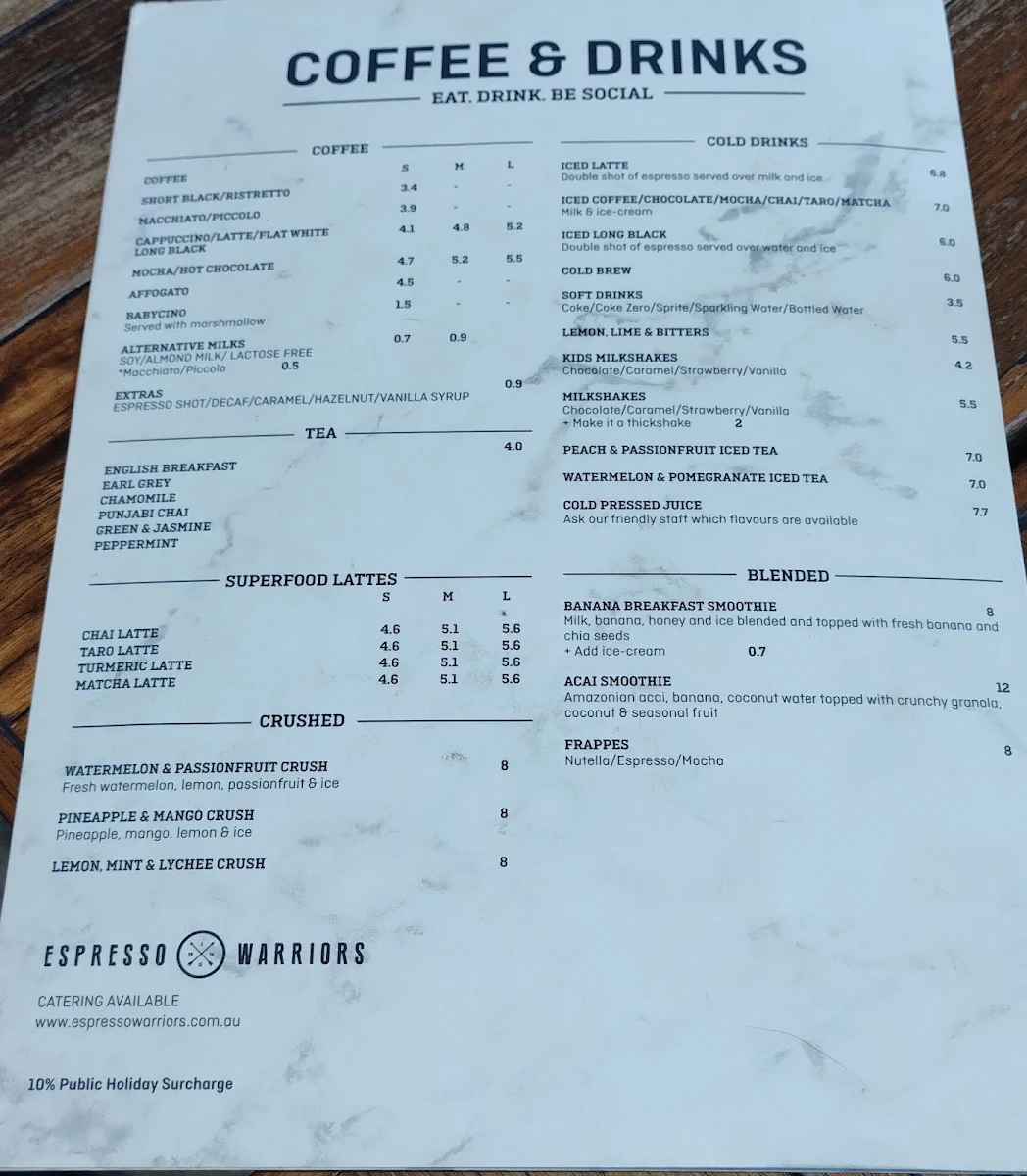 Menu, Espresso Warriors