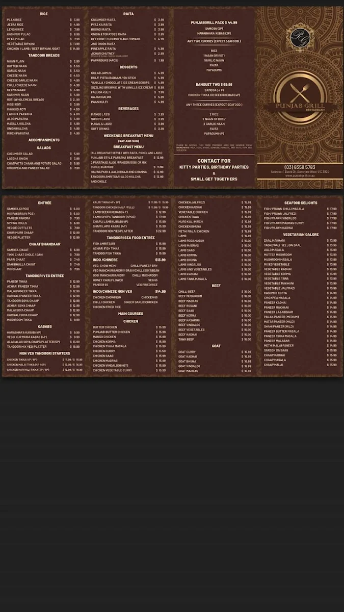 Menu, Punjab Grilz Restaurant - Sunshine west