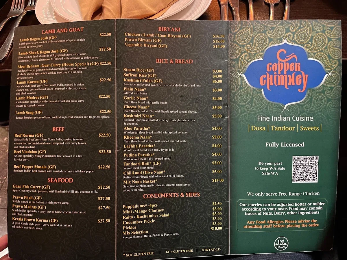 Menu, Copper Chimney
