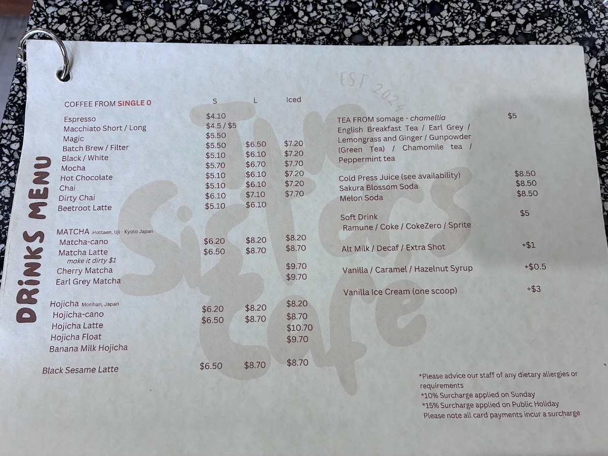 Menu, Two Sisters Cafe Adelaide
