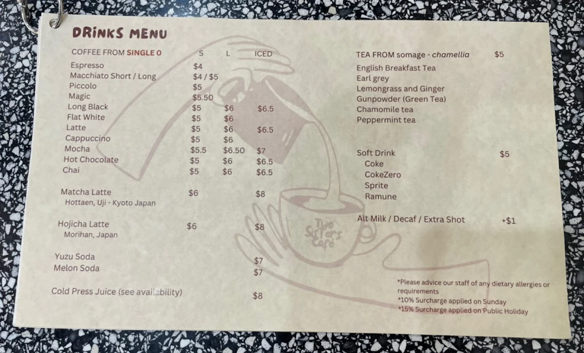 Menu, Two Sisters Cafe Adelaide