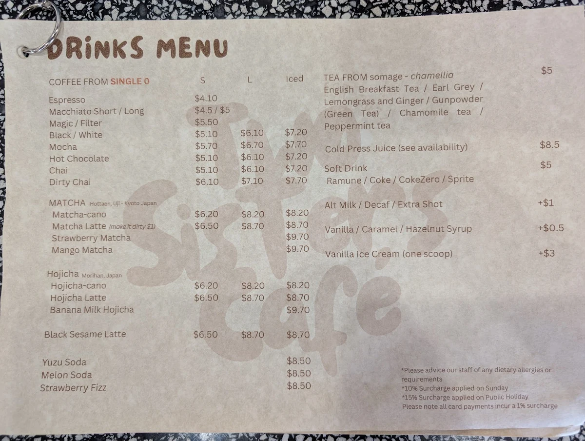 Menu, Two Sisters Cafe Adelaide