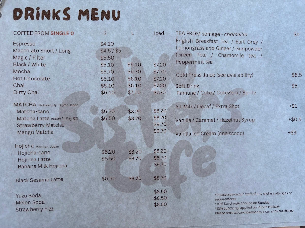 Menu, Two Sisters Cafe Adelaide