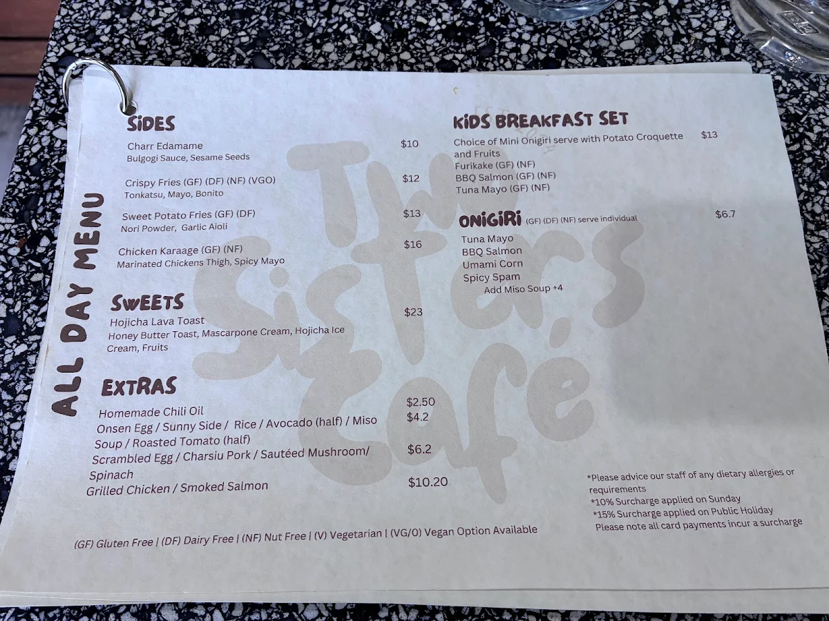 Menu, Two Sisters Cafe Adelaide