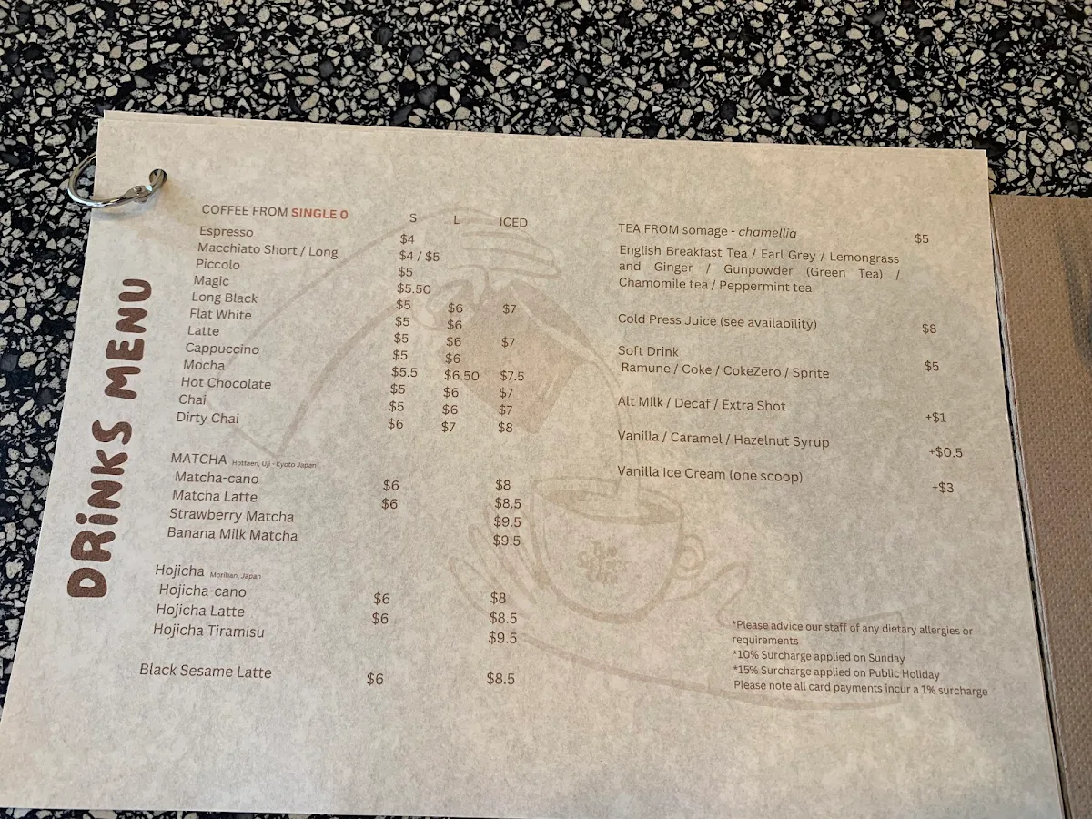 Menu, Two Sisters Cafe Adelaide