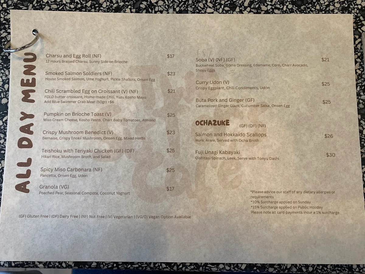 Menu, Two Sisters Cafe Adelaide