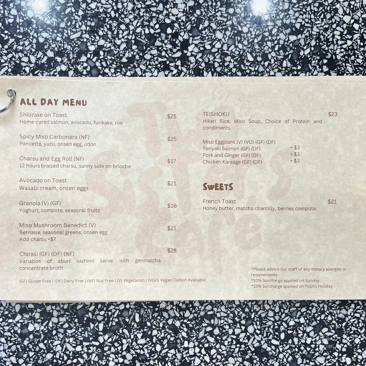 Menu, Two Sisters Cafe Adelaide