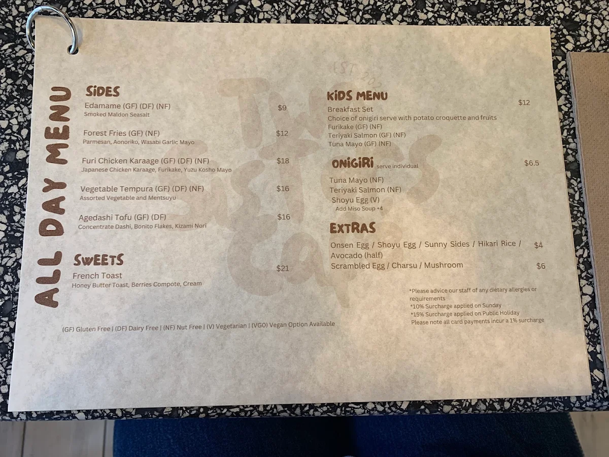 Menu, Two Sisters Cafe Adelaide
