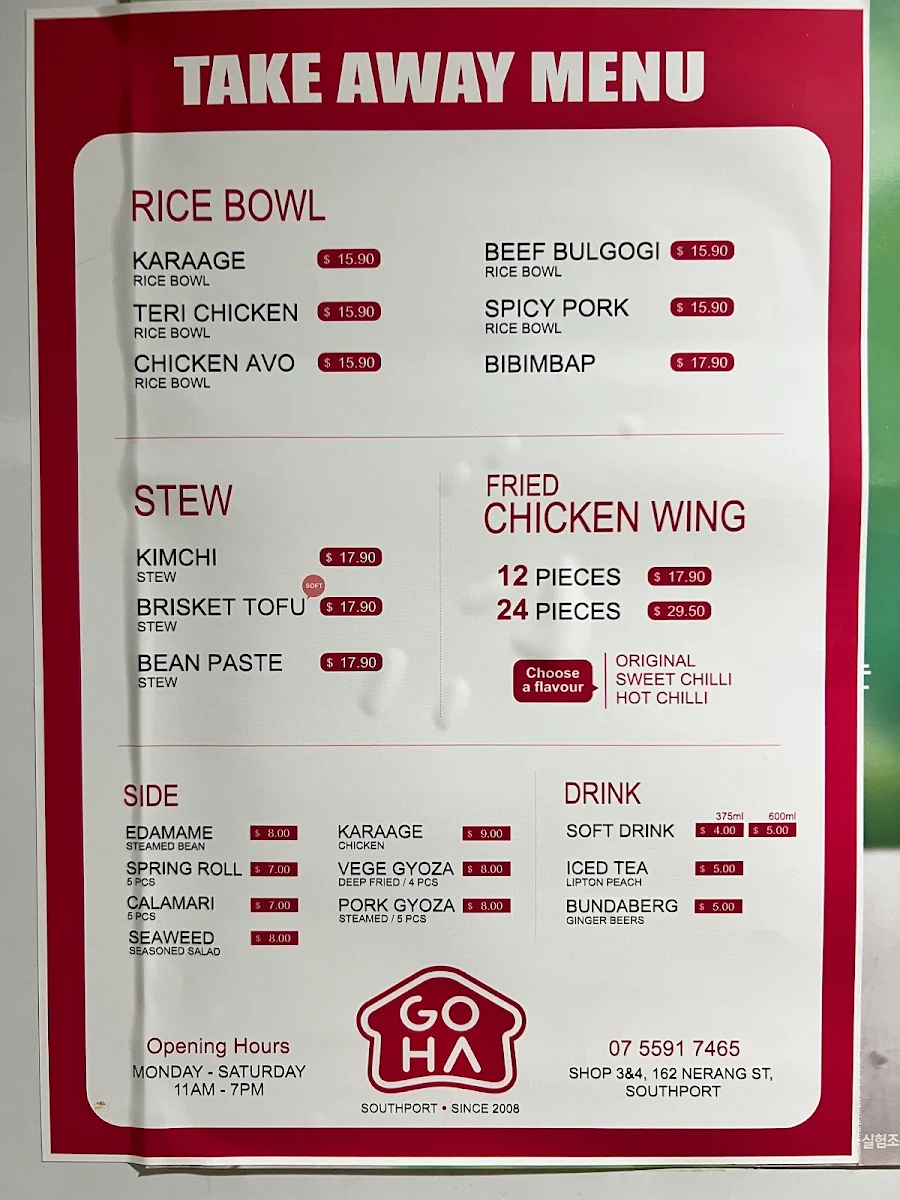 Menu, Goha Korean Restaurant