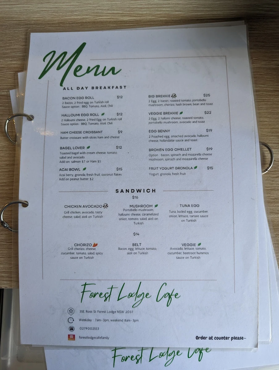 Menu, Forest Lodge Cafe