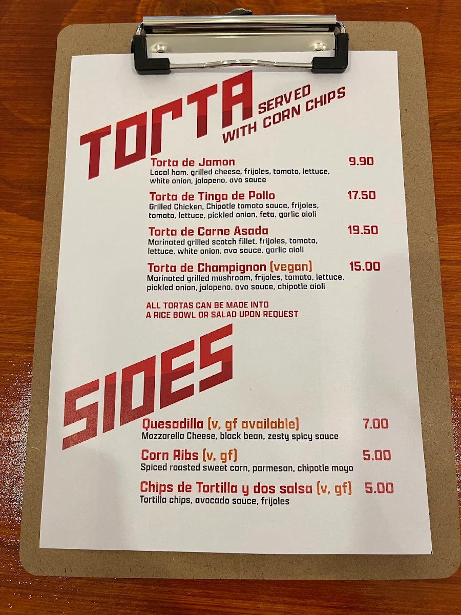 Menu, Juan's Torta Cantina