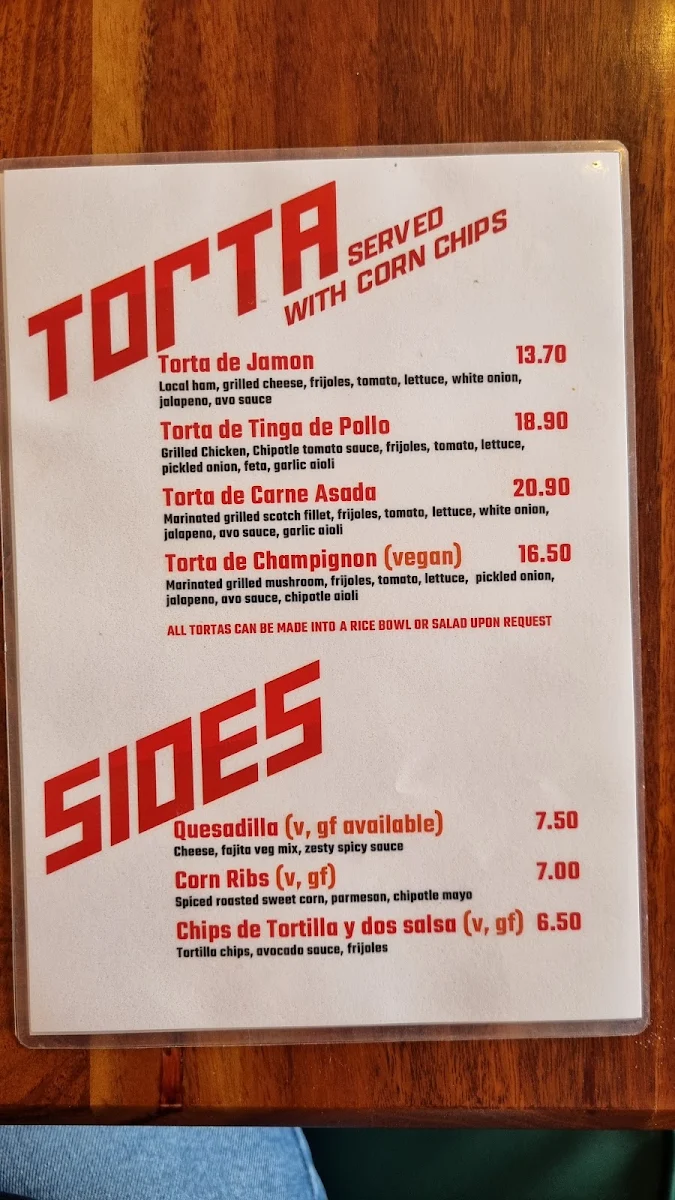Menu, Juan's Torta Cantina