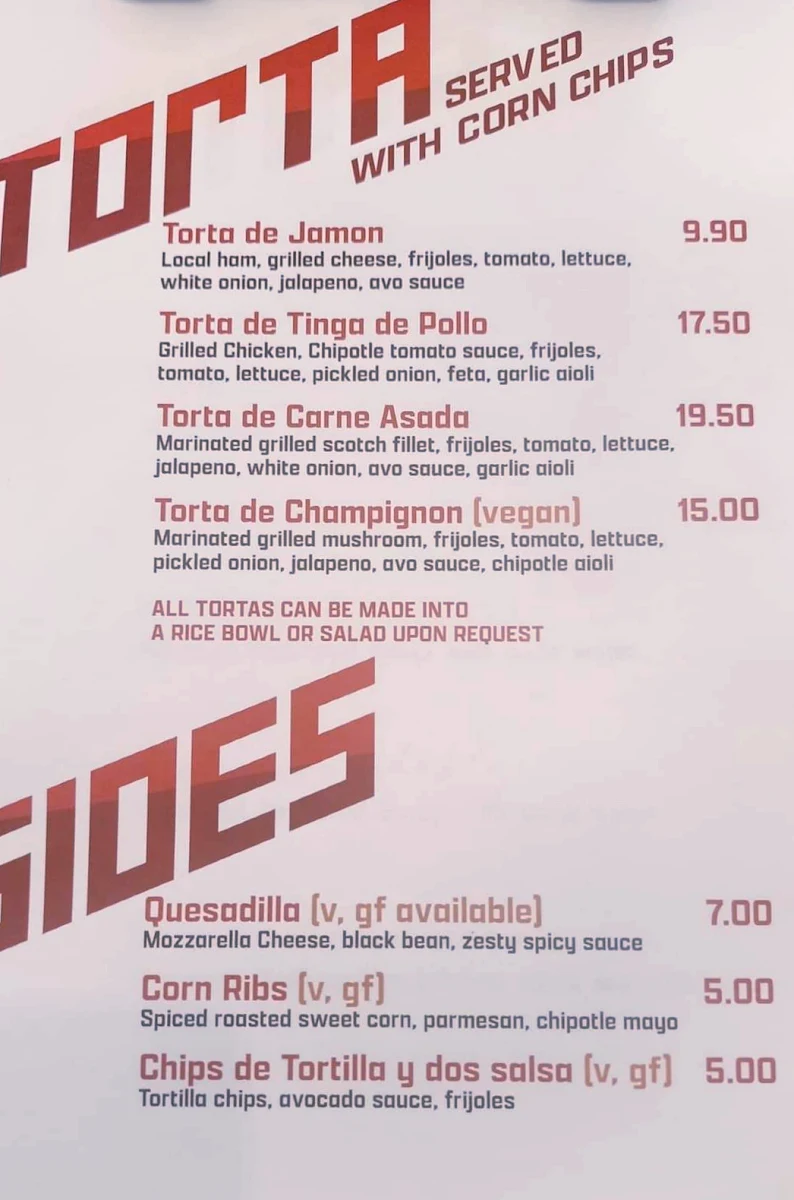 Menu, Juan's Torta Cantina