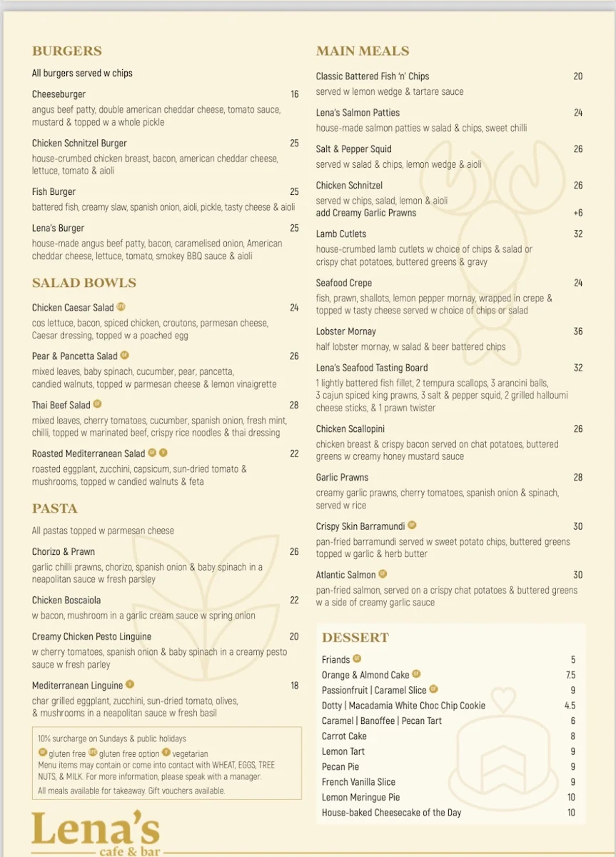 Menu, Lena's Cafe and Bar
