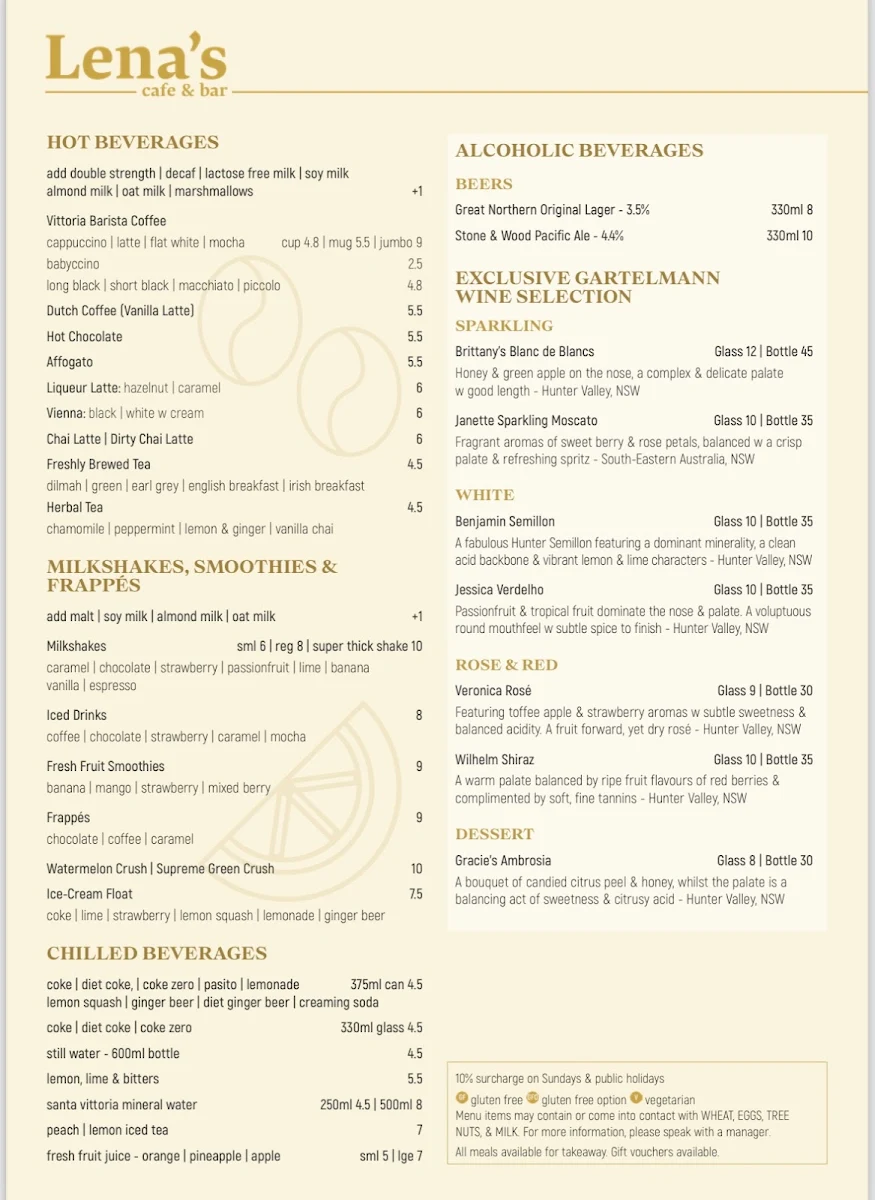 Menu, Lena's Cafe and Bar