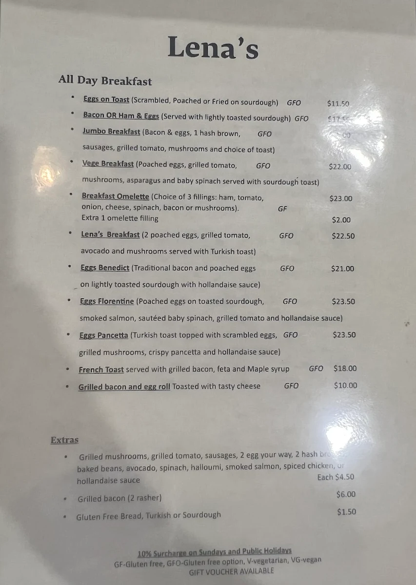 Menu, Lena's Cafe and Bar
