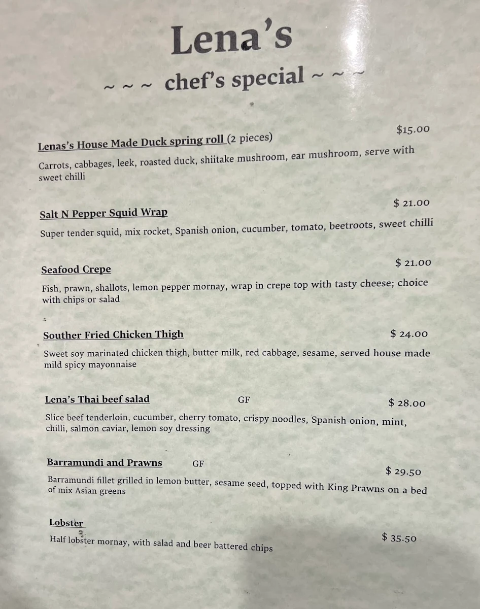 Menu, Lena's Cafe and Bar