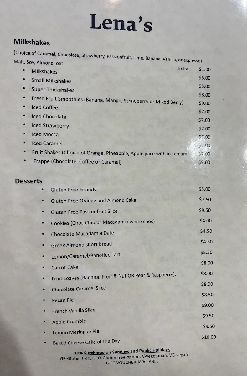 Menu, Lena's Cafe and Bar