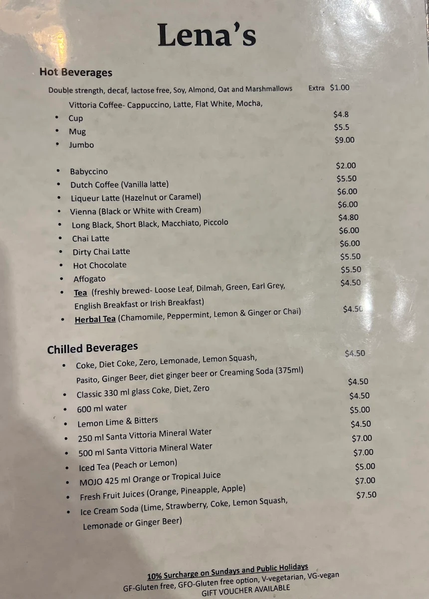 Menu, Lena's Cafe and Bar
