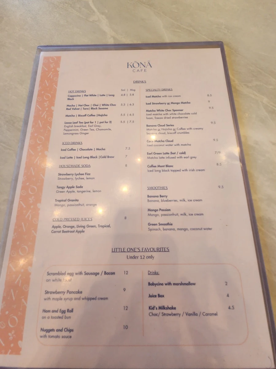 Menu, Kona Applecross