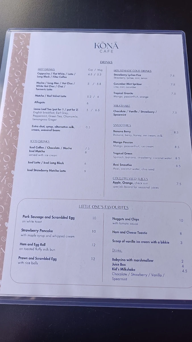 Menu, Kona Applecross