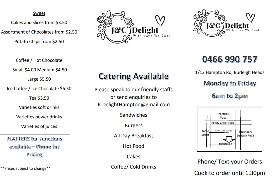 Menu, J&C Delight Takeaway Snack bar