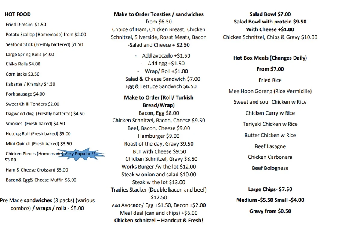Menu, J&C Delight Takeaway Snack bar