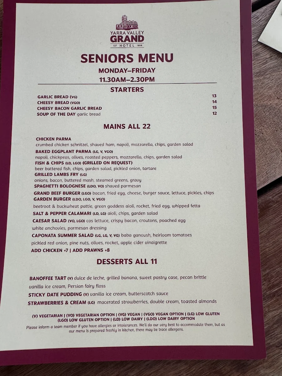 Menu, Public Bar Beer Garden
