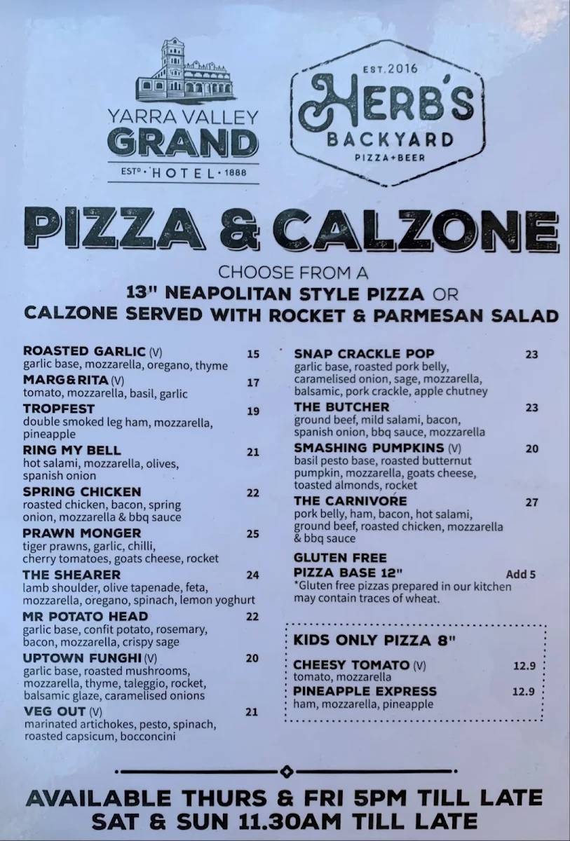 Menu, Public Bar Beer Garden