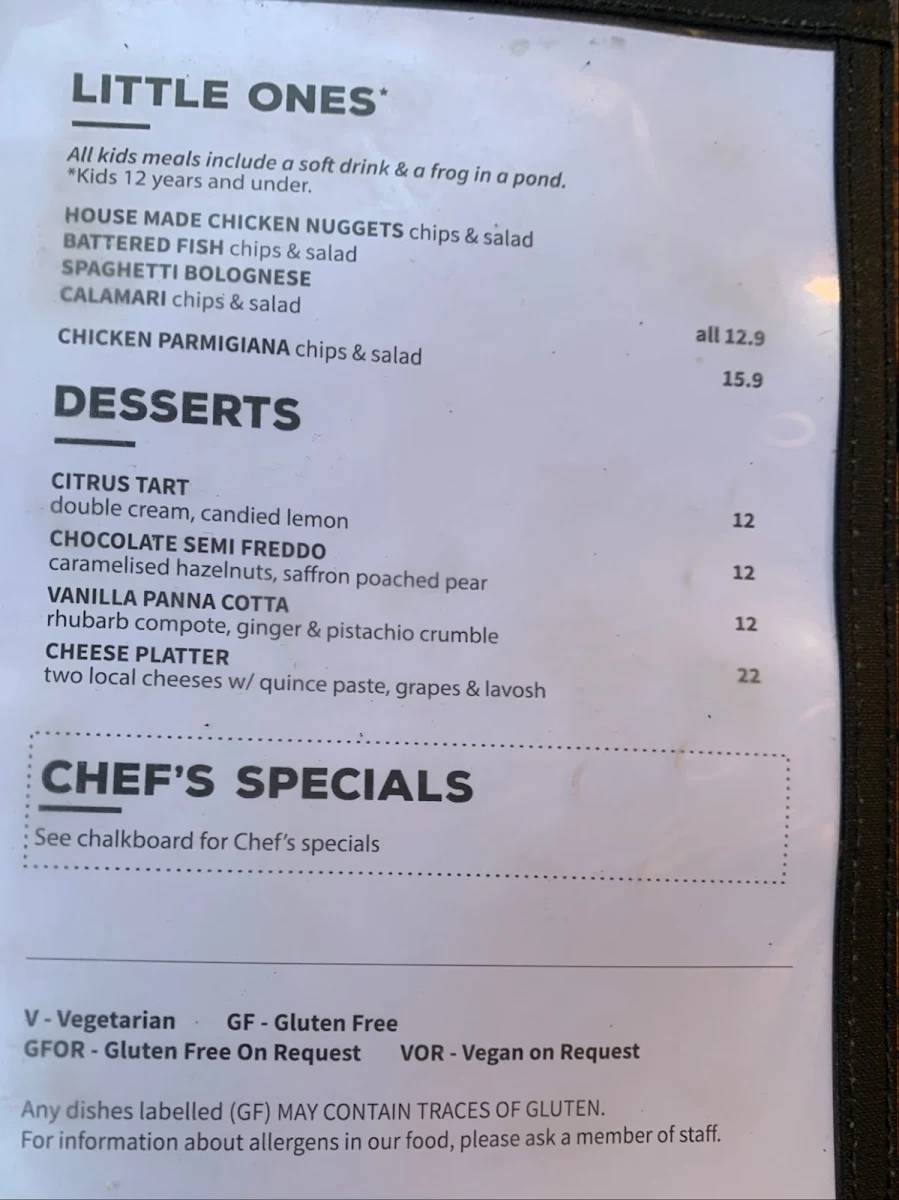 Menu, Public Bar Beer Garden