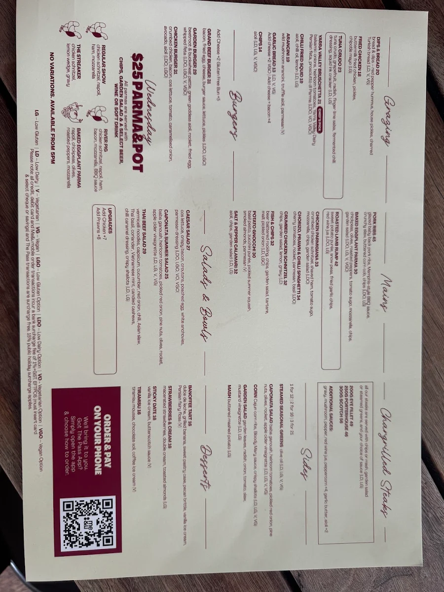 Menu, Public Bar Beer Garden