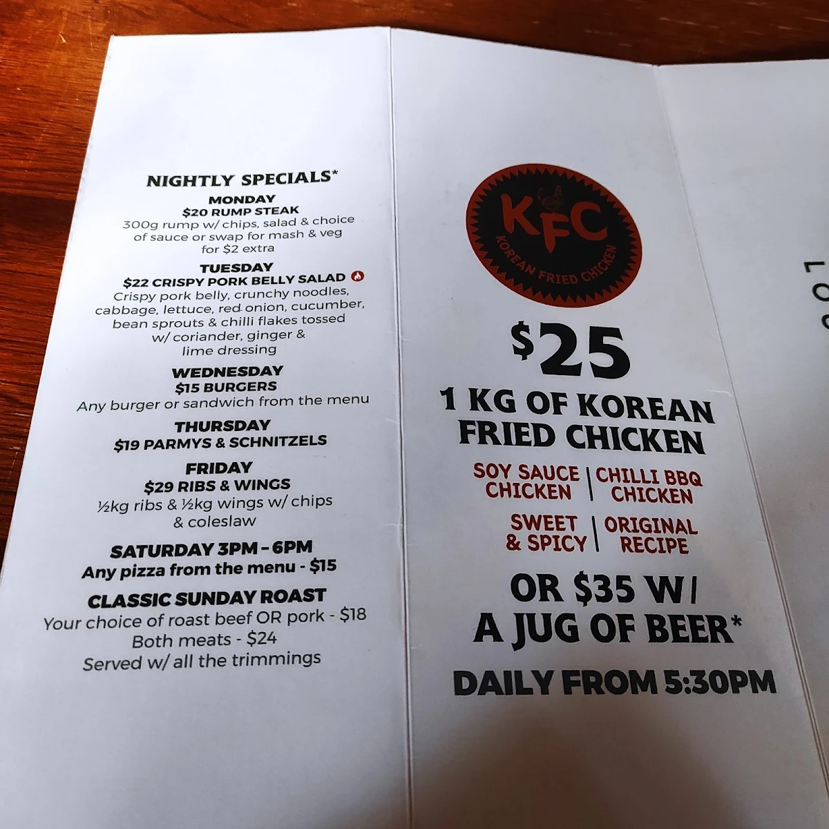 Menu, North Strathfield Hotel