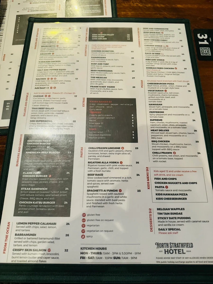 Menu, North Strathfield Hotel