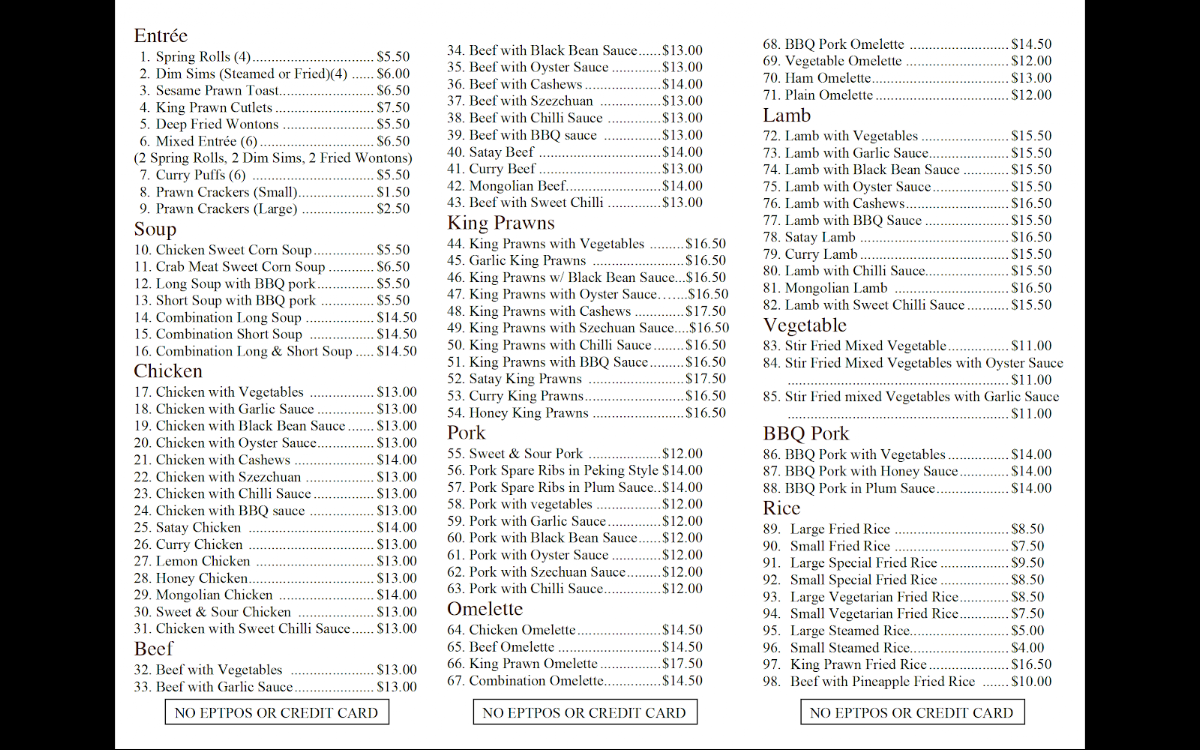 Menu, Manly House Chinese Takeaway