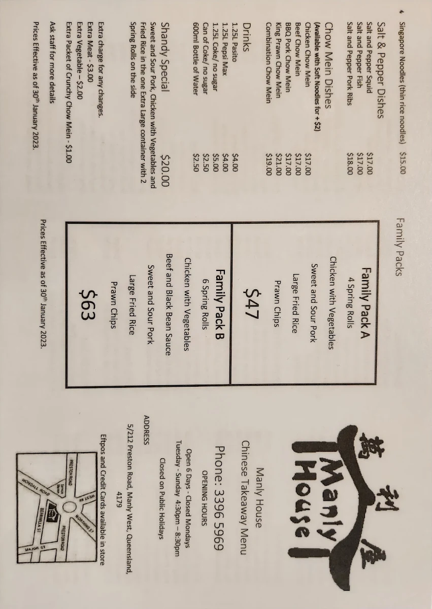 Menu, Manly House Chinese Takeaway