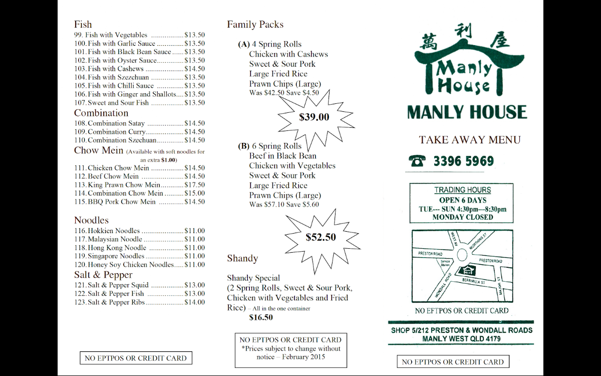 Menu, Manly House Chinese Takeaway